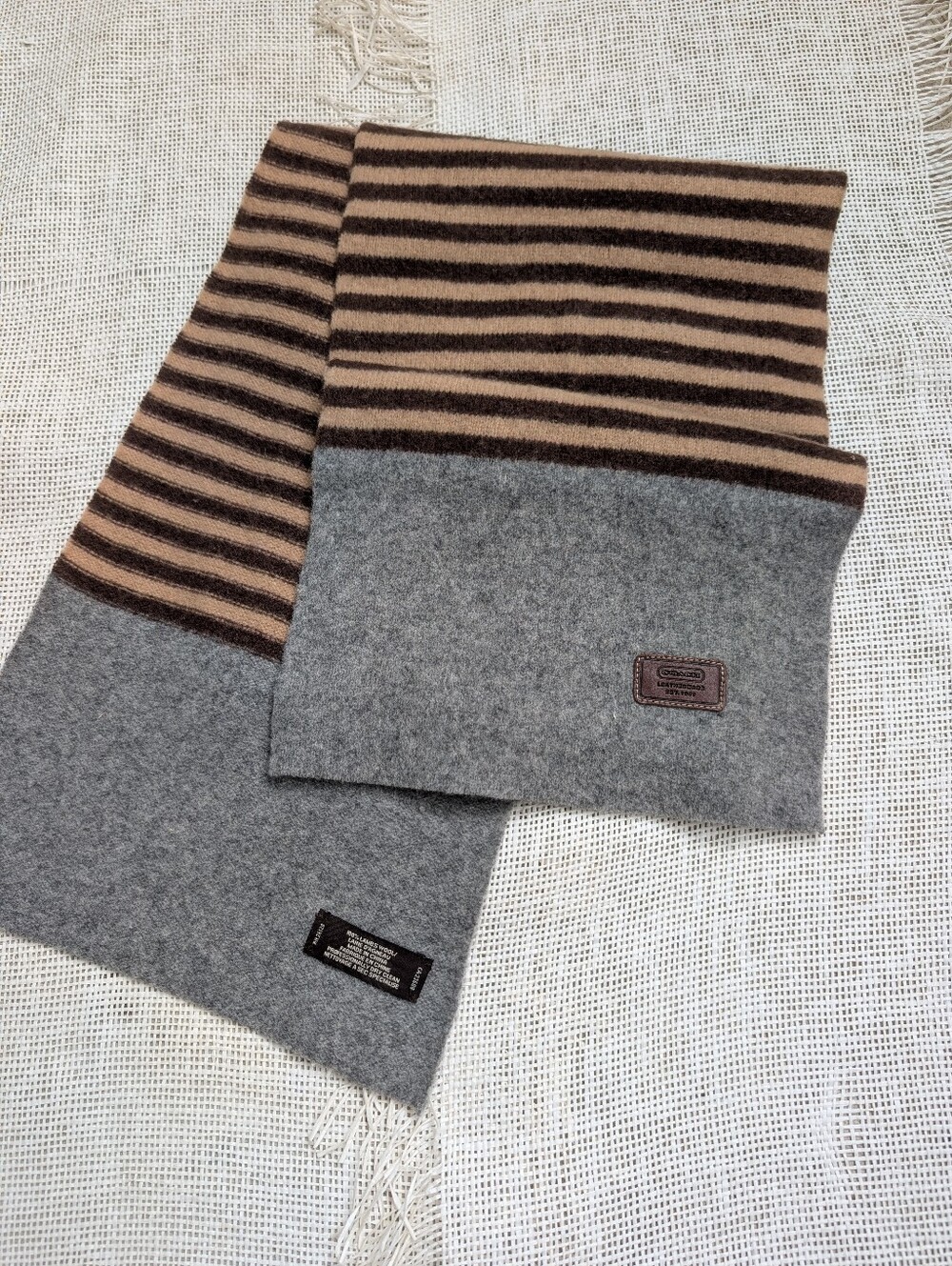 Coach Gray and Brown Striped Lambs Wool Scarf